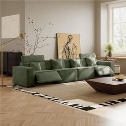 145.28"Minimalist Power Reclining Sofa, 2 Recliners, Anti-scratch Fabric, Living Room, Dark Green