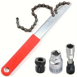 TEMU Universal Bicycle Cassette Freewheel Removal Tool Kit With Chain Whip And Auxiliary Wrench - Durable Stainless Steel Sprocket Remover Set For Mountain Bike Repair And Maintenance