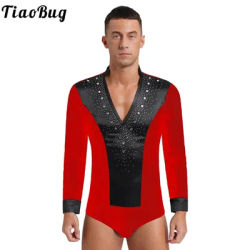 Mens latino Dance body strass scollo a V manica lunga pattinaggio artistico balletto ginnastica body