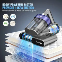 Mattress Vacuum Cleaner, UV-C Light,16Kpa Suction 500W Powerful and Double-Cup, Heating & Ultrasonic