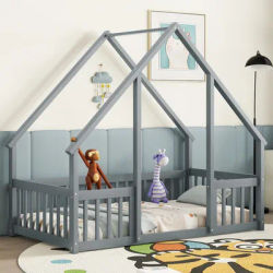 Twin Wood House-Shaped Floor Bed with Fence, Guardrails, Grey 80.20x41.80x65.80 in.