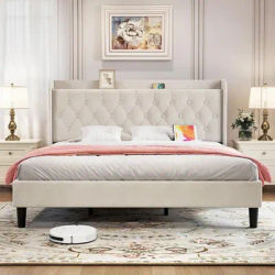 King Velvet Bed Frame, Adjustable Upholstered Platform Bed Frame with Type-C&USB Ports, Wingback