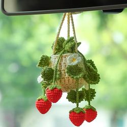 TEMU Handcrafted Crochet Strawberry Basket Car Charm - Cute Knit Rearview Mirror Decor, Creative Fabric Interior Accessory
