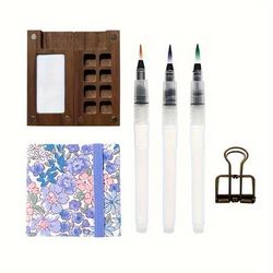 TEMU 6pcs Mini Wooden Watercolor Paint Set With Brush, Clips & Fabric Sketchbook - Portable Outdoor Art Kit For 8/15 Colors (paint Not Included) - Decorative Home Art Supplies