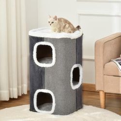 TEMU Cat Barrel Scratching Post Cat Tree For Indoor Cats Kitten Climbing Frame Tower Soft Plush & Lamb Fleece Grey