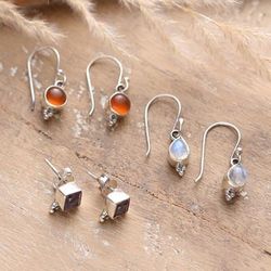 Triple Majesty,'Set of 3 Carnelian, Amethyst and Rainbow Moonstone Earrings'