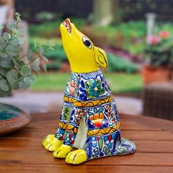 'Hand-Painted Talavera Style Yellow Ceramic Coyote Sculpture'