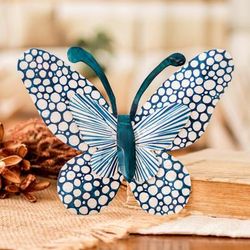 'Speckled Butterfly-Shaped Steel Wall Art in Turquoise Blue'