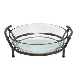 Tempered Glass Kitchen Serving Bowl with Brown Metal Base - Clear - Roche River Decor