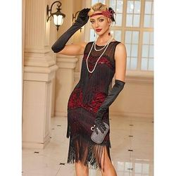 Anni Ruggenti Anni 1920 Lunghezza al ginocchio Vestito Abito Flapper Abito per Festa di Natale Senza maniche Il grande Gatsby Gentildonna Invitato al matrimonio Paillettes Frangia con nappe Scollo