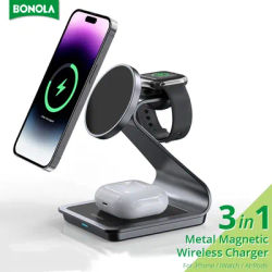 Bonola Metal 3 in 1 Magnetic Charger Stand for iPhone 16 15 Pro Max/14/13/Apple Watch 28W Fast Wireless Charging for AirPods Pro