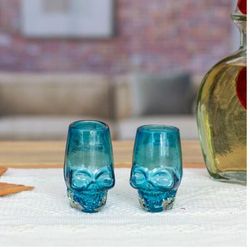'2 Aqua-Hued Handblown Recycled Glass Skull Tequila Glasses'