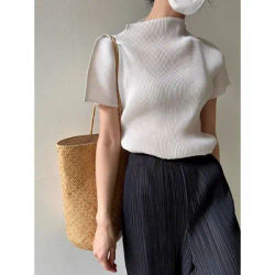 T-shirt à manches courtes plissé pour femme, haut blanc, col mi-haut, noir, mode adt, haute qualité, édition coréenne
