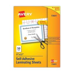 Avery 73601 Clear Self-Adhesive Laminating Sheets, 3 mil, 9" x 12", Matte Clear, 50/Box - Box of 50