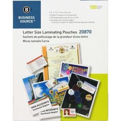 Business Source 20870 Laminating Pouch, Letter, 3Mil, 9" x 11-1/2", 100/BX, Clear - Box of 100 BSN20870