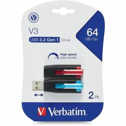 Verbatim 70899 64GB Store 'n' Go V3 USB 3.0 Flash Drive - 2pk - Red, Blue - 64 GB - USB 3.0 - Blue, Red - Lifetime Warranty - 2 Pack - Pack of 2 VER70