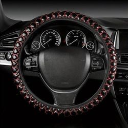 TEMU Elegant Black Beaded Steering Wheel Cover - Non-slip, Durable Synthetic Leather, Classic For , Car Wheel Decor | Beaded Steering Wheel | Durable Material, Car Wheel Cover