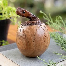 'Hand-Carved Natural Suar Wood Sculpture of Hatching Cobra'