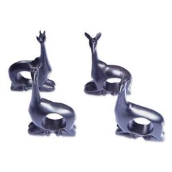 'Hand-Carved 4-Piece Black Teak Wood Giraffe Napkin Ring Set'