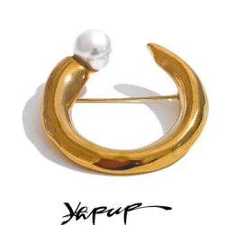 Yhpup Popular Stainless Steel Simulated Pearls U-Shape Brooch Pin Women Fashion Jewelry Accessories Gift