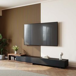 Modern Retractable Wood TV Stand with 3 Drawers, Open Storage, Walnut and Black,93.70"