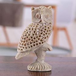 'Owl-Themed Jali Soapstone Sculpture Hand-Carved in India'