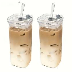 TEMU 1/2/4pcs 12oz Reusable Glass Mugs - Heat And Resistant, Includes Lid And Straw, Hot And Cold Drinks