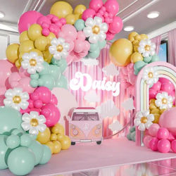Kit de guirlande de ballons marguerite tout-en-un et arquées livrés avec marguerite – Petites et grandes ballons à la mode rose clair vert jaune – Décoration de fête marguerite pour anniversaire ou