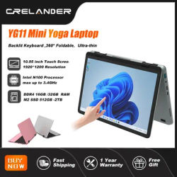 CRELANDER Mini Laptop 10.95 "Touch Screen Intel N100 CPU Windows 11 512GB M2 SSD 2 IN 1 Notebook Pocket PC Tablet Yoga Laptops