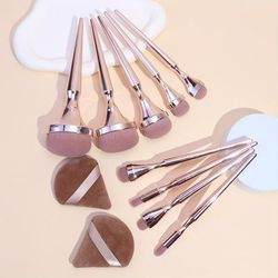 TEMU 9pcs Toothbrush Type Makeup Brush Set + 2 Powder Complete Makeup Brush Loose Powder Brush Eyeshadow Brush High-end Electroplated Handle