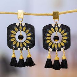 'Gold-Accented Floral Black Chandelier Earrings with Tassels'