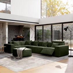 141.05"Minimalist Power Recliner L-shaped Couch with Ottoman, 2 Recliners, Corner Piece Included, Anti-scratch Fabric, Dark Green