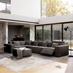 141.05"Minimalist Power Recliner L-shaped Couch with Ottoman, 3 Recliners, Corner Piece Included, Anti-scratch Fabric, Dark Gray