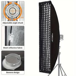 TEMU Ambitful Professional Rectangle Softbox With Honeycomb Grid, Bowens Mount – 35x160cm, Film-grade Soft Light Cloth, Adjustable Angle Chuck – Studio Photography Flash Light Soft Box