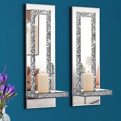 TEMU 2pcs Diamond Mirror Candle Holders, Silvery Wall Hanging Candle Holders, Suitable For Living Room, Dining Room, Bedroom Wall Decoration Rectangular Stripes