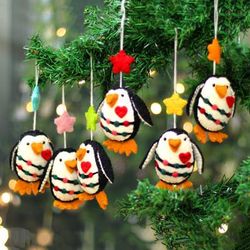 Penguin Cheers,'Set of 6 Handcrafted Wool Felt Christmas Penguin Ornaments'