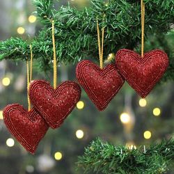 'Glass Beaded 4-Piece Heart Ornament Set in Crimson Hues'
