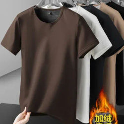 Men Thermal Underwear Tops Fleece Thickened Short Sleeve Slim Round Neck Bottom Shirt Velvet