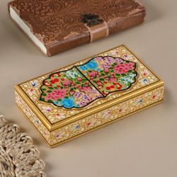 'Golden-Hued Hand-Painted Papier Mache Wood Decorative Box'
