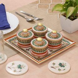 Gathering at the Palace,'Green and Red Marble Tray and Covered Bowls (5 Pieces)'