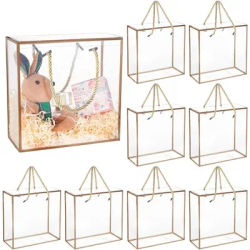10 Packs Clear PP Plastic Gift Box 7.8x7.8x3.5 Inch Treat Gift Boxes with Gold Border and Handle Favor Box with Cord