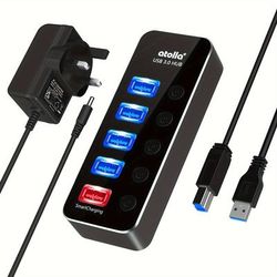 TEMU 4-port Usb 3.0 With Smart Charging Port, Aluminum Splitter, Individual Switches, 5v/3a Power Adapter & 39-inch Detachable Usb Extension Cord For Laptops And Devices