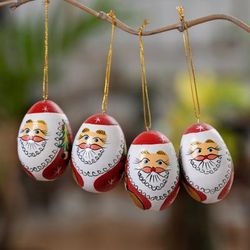 Eggy Claus,'Classic Set of 4 Egg-Shaped Albesia Wood Santa Ornaments'
