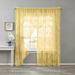 Wide Width Ella Lace Romantique Curtain by BrylaneHome in Pastel Yellow (Size 58" W 63" L)