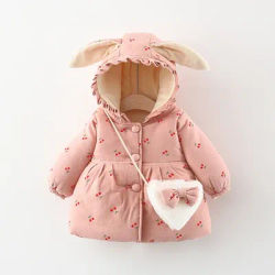 Veste d'hiver en coton pour filles, nouveaux vêtements mignons pour enfants, veste en coton imprimée de couleur unie pour filles, sac à capuche avec oreilles de lapin, cadeau