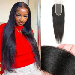 Straight Human Hair Lace Closure 2x4 Hand Tied with Pre-plucked Baby Hairs Middle Part Natural Color for All Women