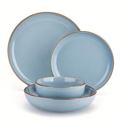 TEMU 16 Piece Blue Ceramic Sesame Glaze Tableware Set With Dinner/dessert/soup Plate/bowl For 4 Person