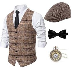Anni Ruggenti Anni 1920 Retrò Vintage Abiti Gilet Set di accessori Gentiluomo Gangster Plaid A scacchi Costume Per uomo Costume di Carnevale 4 pezzi Halloween Carnevale Capodanno Mascherata Cocktail