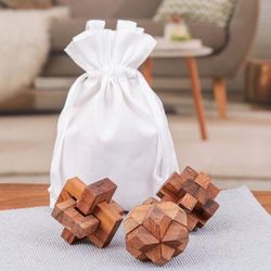 'Three Thailand-Made Raintree Wood Puzzles with Storage Pouch'