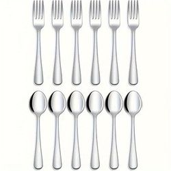TEMU 12/24pcs Set Of Forks And Spoons, Stainless Steel Set, Suitable For Kitchen And Restaurant, Put In The Dishwasher For Cleaning